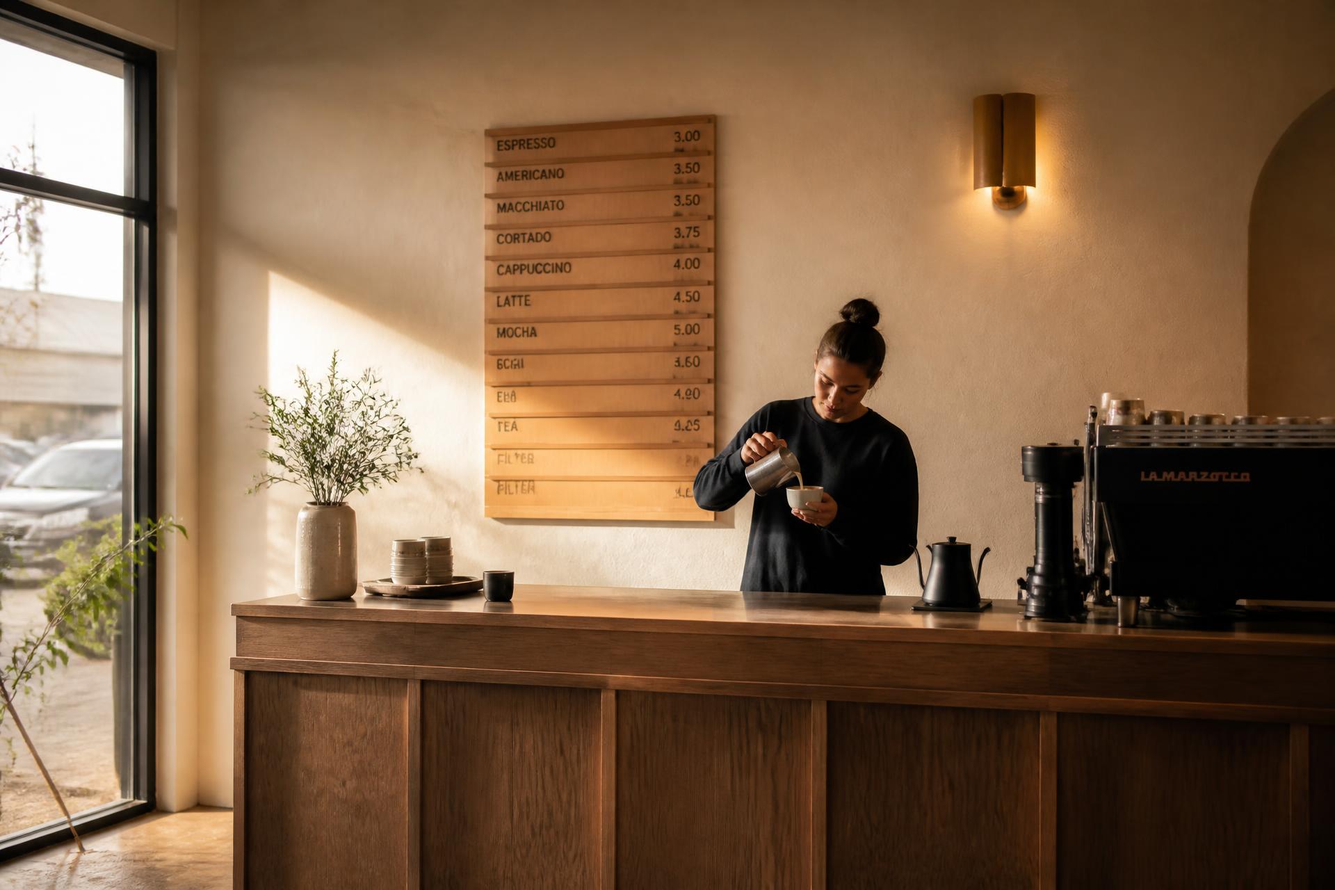 Barista pouring milk into a cup behind a walnut coffee bar